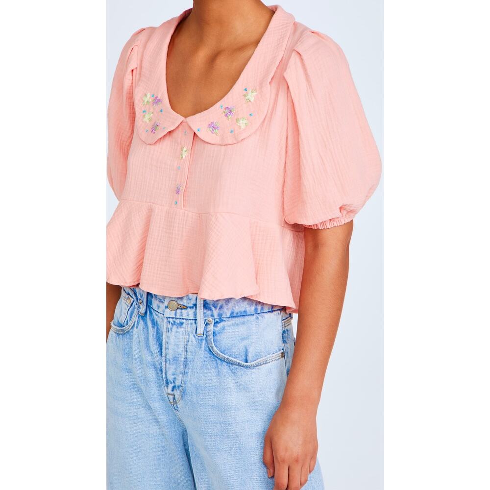 Tach Larina Embroidered Linen Cotton Top Puff Sleeve Peach Pink - Picture 4 of 16